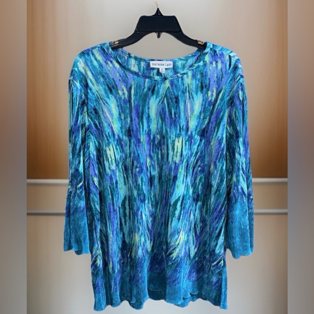 Southern Lady Women's Blue Accordion-Pleated Top-2X-EUC